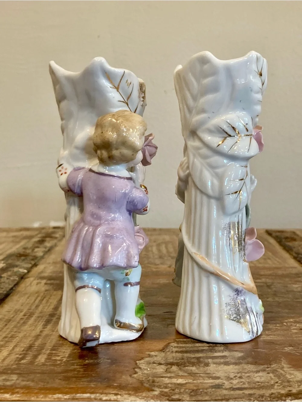 Pair of Boy & Girl Floral Mantel Vases in White & Gold Roses